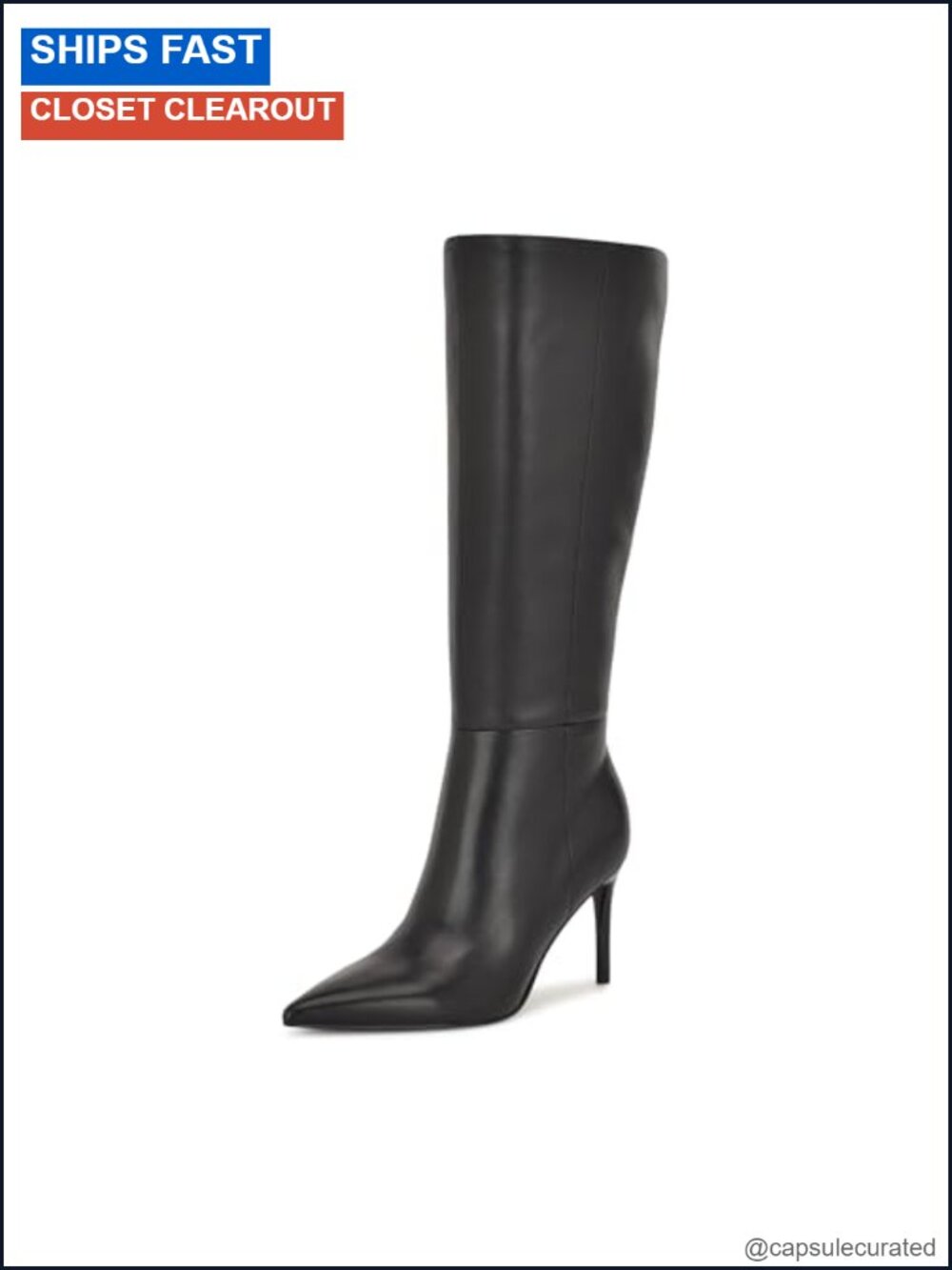 Wide Calf Knee High Boots Leather Stiletto Heel Pointed Toe Zip